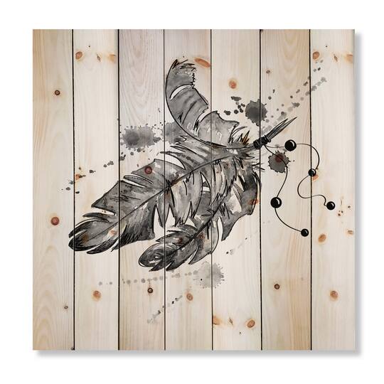 Designart - Black Bird Feathers Impression - Traditional Print on Natural Pine Wood